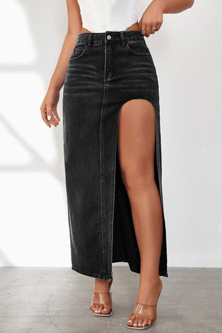 High-Slit Denim Maxi Skirt
