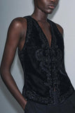 Boho Velvet Vest with Floral Detail