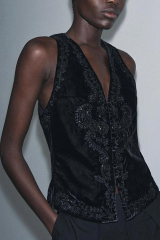 Boho Velvet Vest with Floral Detail