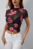 Floral Sheer T-Shirt with Ruffled Hem