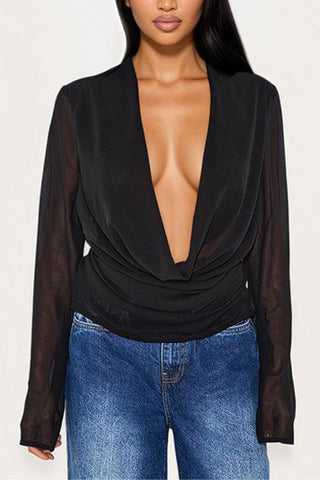 Draped V-Neck Long Sleeve Blouse