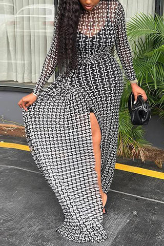 Long-Sleeve Patterned Casual Dress