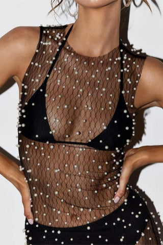 Pearl-Embellished Mesh Tank Top