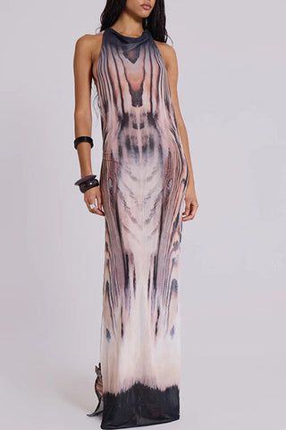 Abstract Print Halter Maxi Dress
