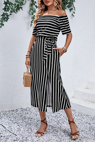 Off-Shoulder Striped Midi Dress