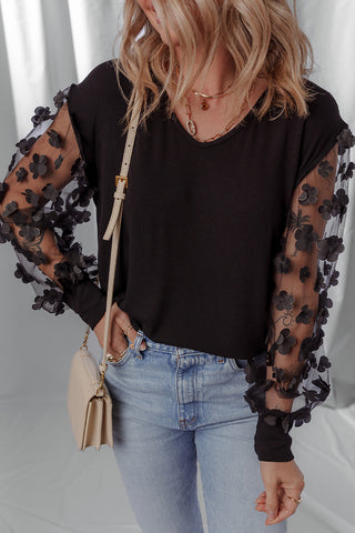 Sheer Sleeve Floral Detail Top