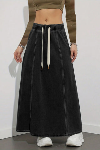 Drawstring Denim Maxi Skirt