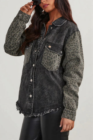 Snap-Front Leopard Sleeve Denim Jacket