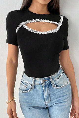 Cutout T-Shirt with Embroidered Detail