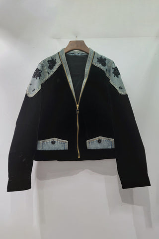 Embellished Denim Patch Velvet Jacket