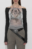 Off-Shoulder Graphic Mesh Top