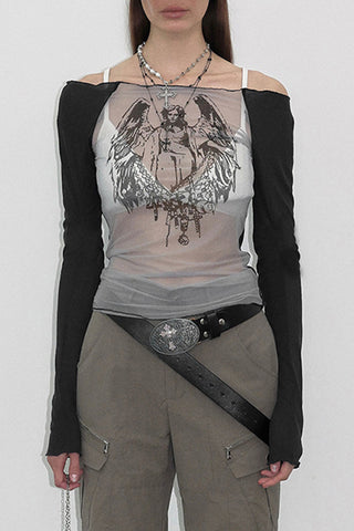 Off-Shoulder Graphic Mesh Top