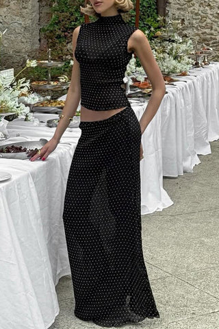 High-Neck Polka Dot Skirt Set