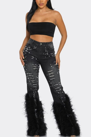 Distressed Bootcut Jeans with Feather Trim