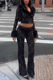 Fur-Trim Lace Top & Pants Set