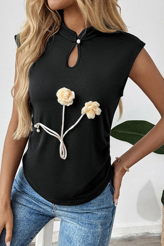 Sleeveless Keyhole Top with Floral Applique