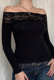 Off-Shoulder Lace Trim T-Shirt