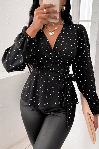 Wrap-Style Heart Print Blouse