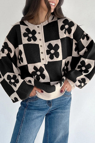 Floral Plaid Henley Sweater