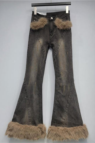 Fur-Trim Flare Jeans