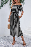 Off-Shoulder Striped Midi Dress