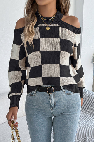 Chic Cutout Checkerboard Sweater