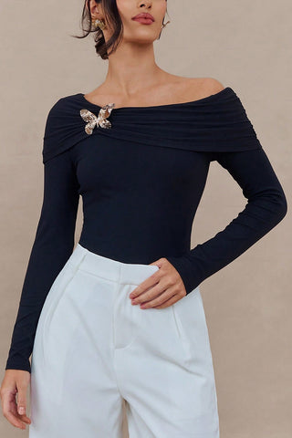 Off-Shoulder Butterfly Accent Blouse