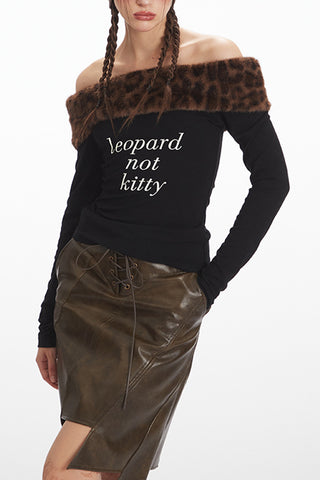 Off-Shoulder Graphic Tee with Faux Fur Collar