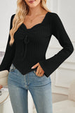 Ribbed Long-Sleeve Tie-Front Top