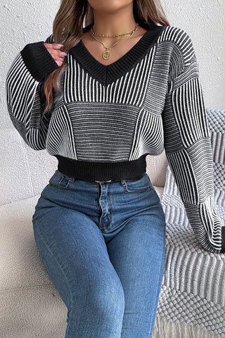 V-Neck Striped Knit Sweater