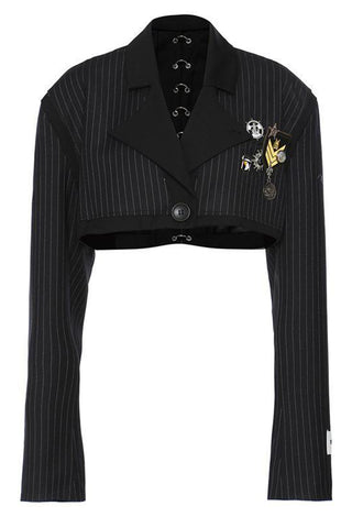 Cropped Pinstripe Blazer with Brooch