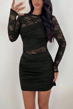 Solid Lace Panel Long Sleeve Bodycon Dress