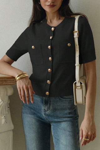 Button-Front Short Sleeve Cardigan