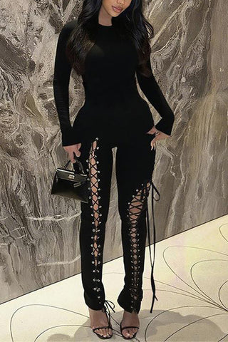 Lace-Up Detail Long Sleeve Jumpsuit