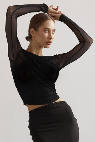 Ruched Mesh Long Sleeve Blouse