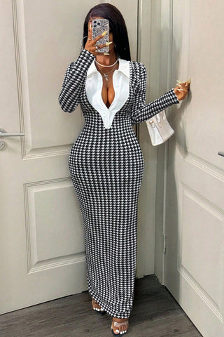 Elegant Houndstooth Long Sleeve Dress
