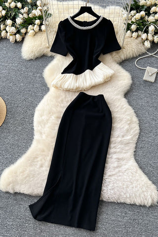 Elegant Pearl-Trim Peplum Skirt Set