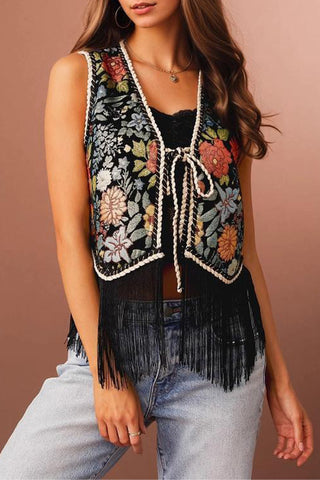 Floral Pattern Fringe Vest