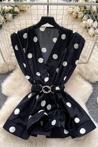 Polka Dot Wrap Blouse with Belted Waist