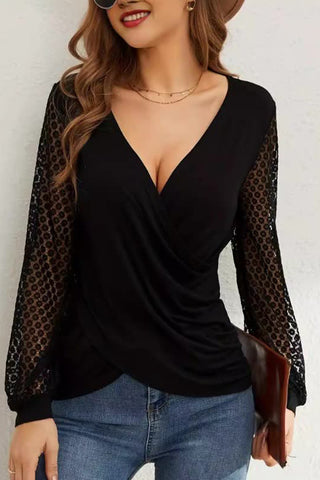 Wrap V-Neck Top with Lace Sleeves