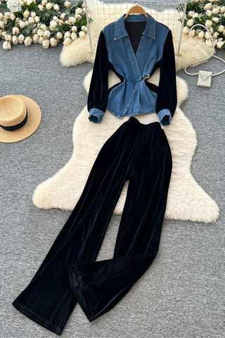 Stylish Denim and Velvet Pants Set