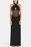 Halter Neck Evening Dress with Lace Detail