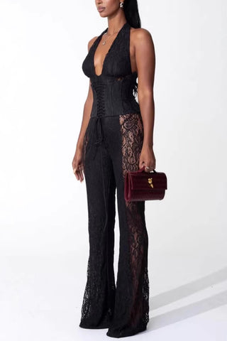 Lace-Up Halter Lace Jumpsuit