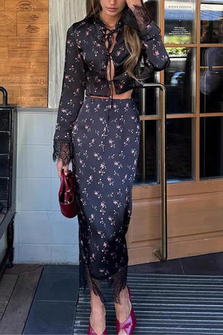 Lace Trimmed Floral Skirt Set