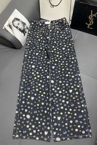 Patterned Wide-Leg Jeans