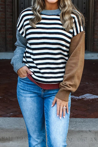 Striped Panel Colorblock Sleeve Sweater