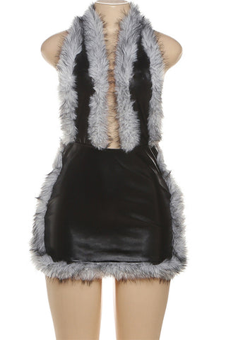 Faux Fur Trim Halter Casual Dress
