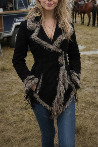 Button-Front Faux Fur Trimmed Jacket