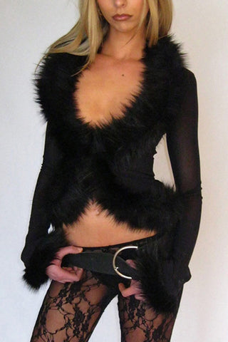 Faux Fur Trim Sheer Long Sleeve Blouse