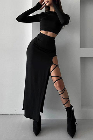 Sleek Cut-Out Skirt Set with Lace-Up Detail